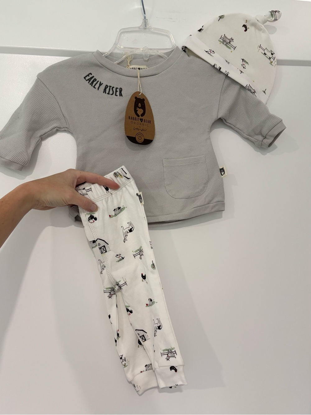 Rabbit + Bear Early Riser Farm Long Sleeve Pant and Hat Set 6-9 months NWT